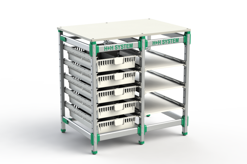 H+H FlexShelf with 2 columns, ISO modular trays and worktop